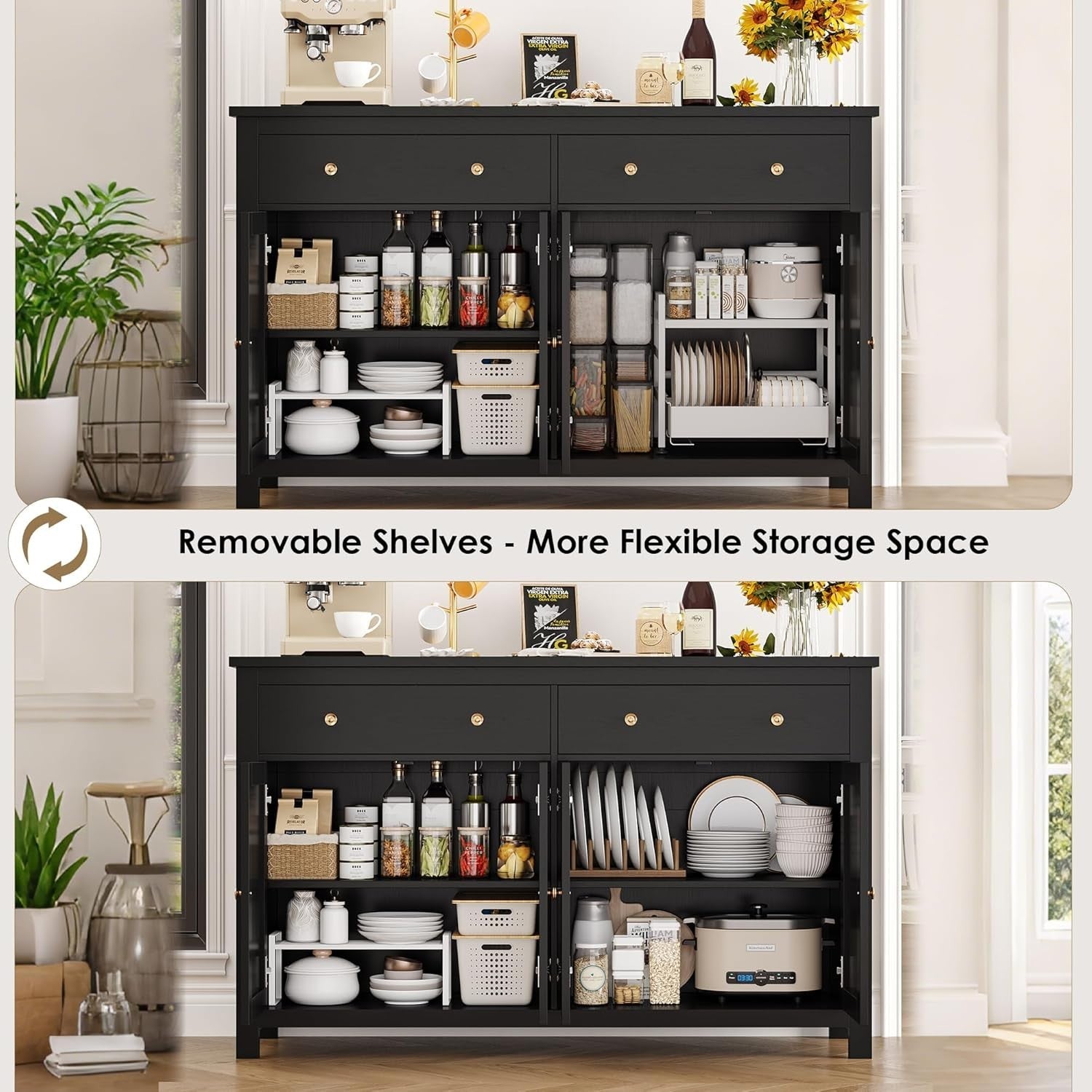 Black  Kitchen Sideboard Cabinet 3 Doors 2 Drawers Adjustable Shelves Large