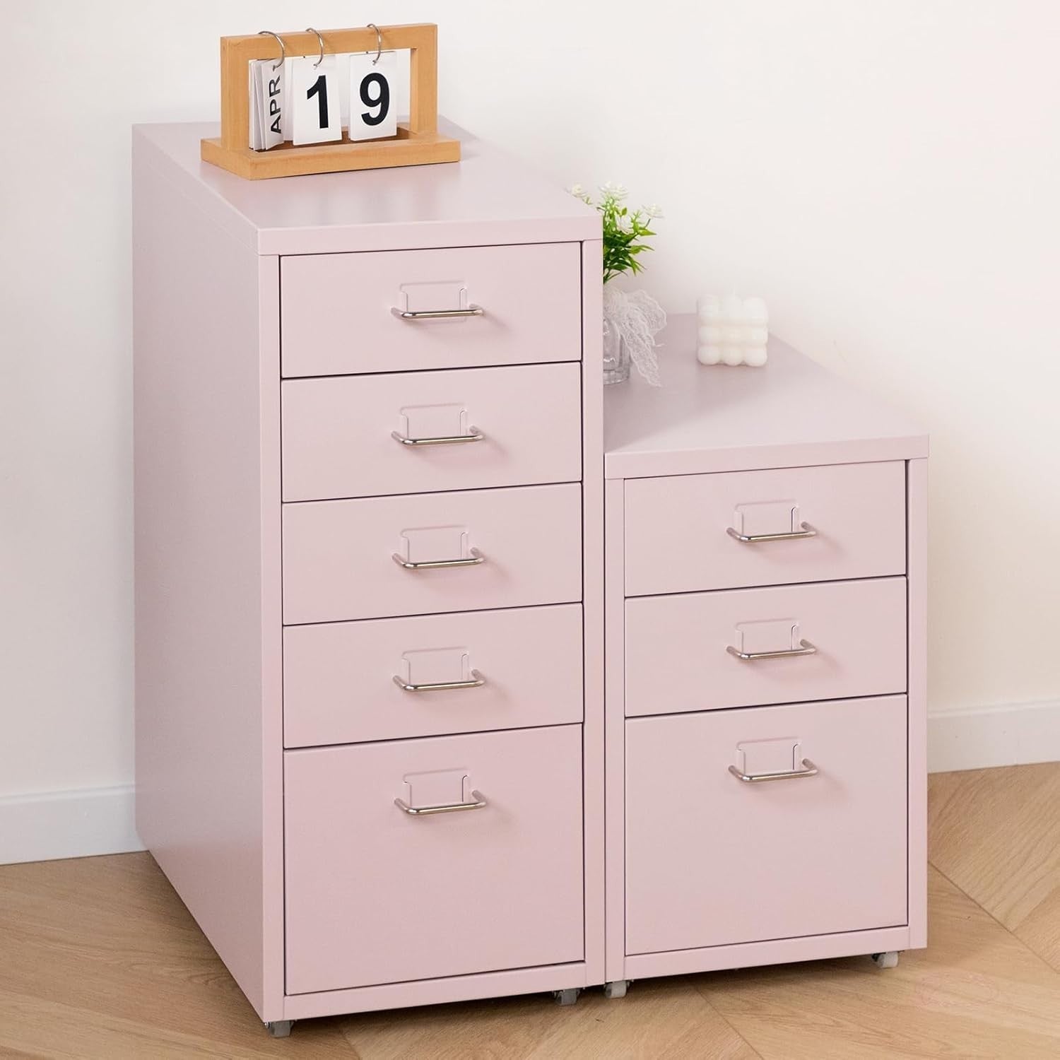 Pink Metal Rolling Drawer Cabinet 5 Tier Under Desk File Storage