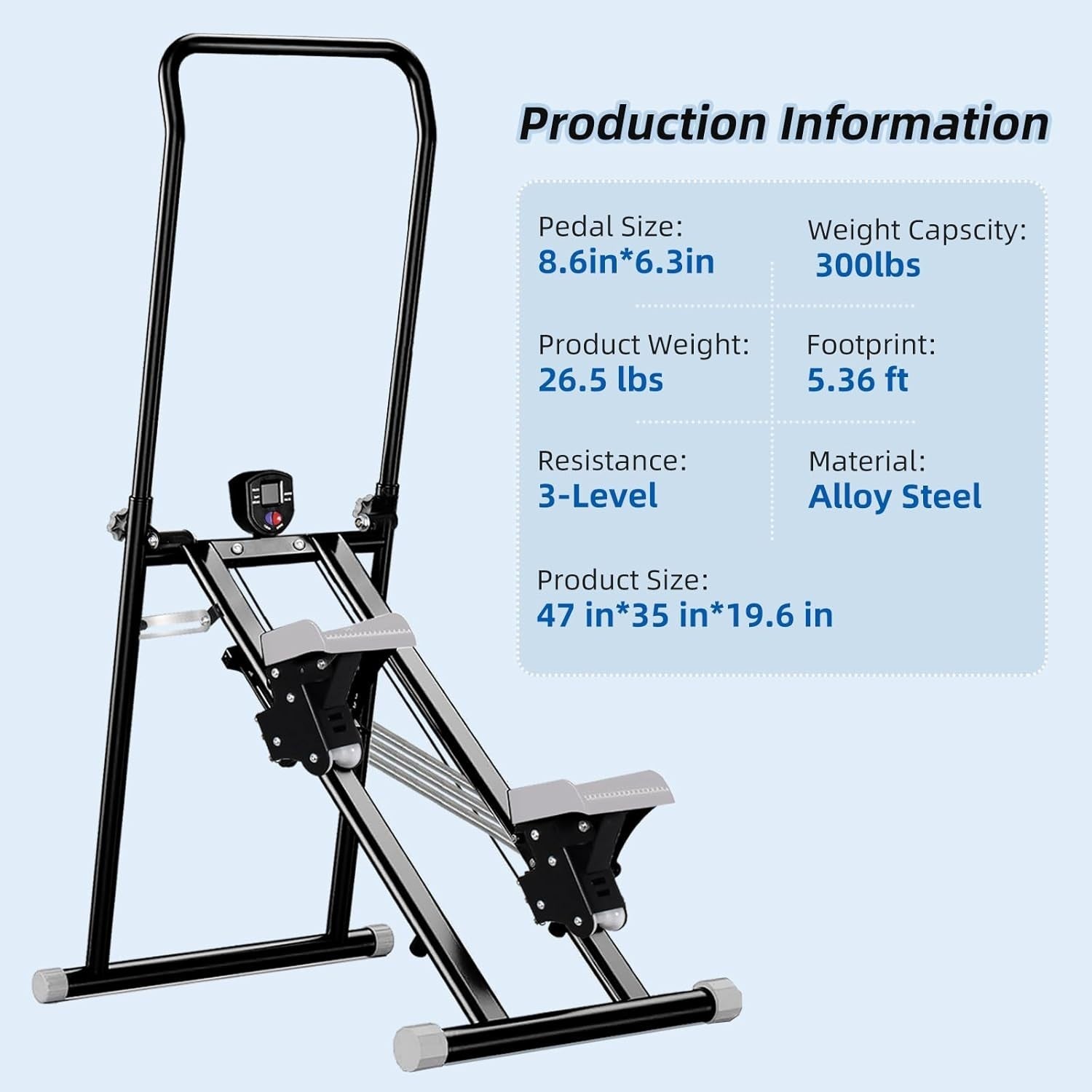 Foldable Stair Climber w/ LCD Monitor, 3-Level Resistance & Adjustable Handlebar