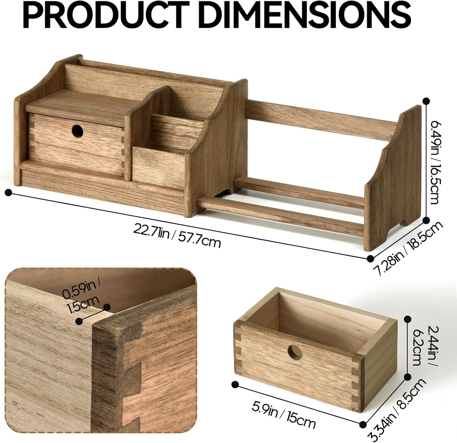 Wood Desktop Organizer with Drawer Adjustable Shelf Solid Book Rack