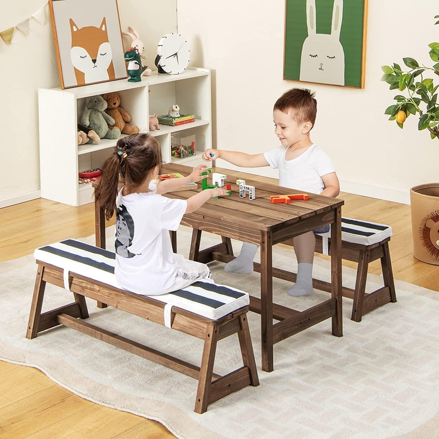 Kids Wooden Picnic Table Bench Set w/ Cushions & Foldable Umbrella Outdoor Blue