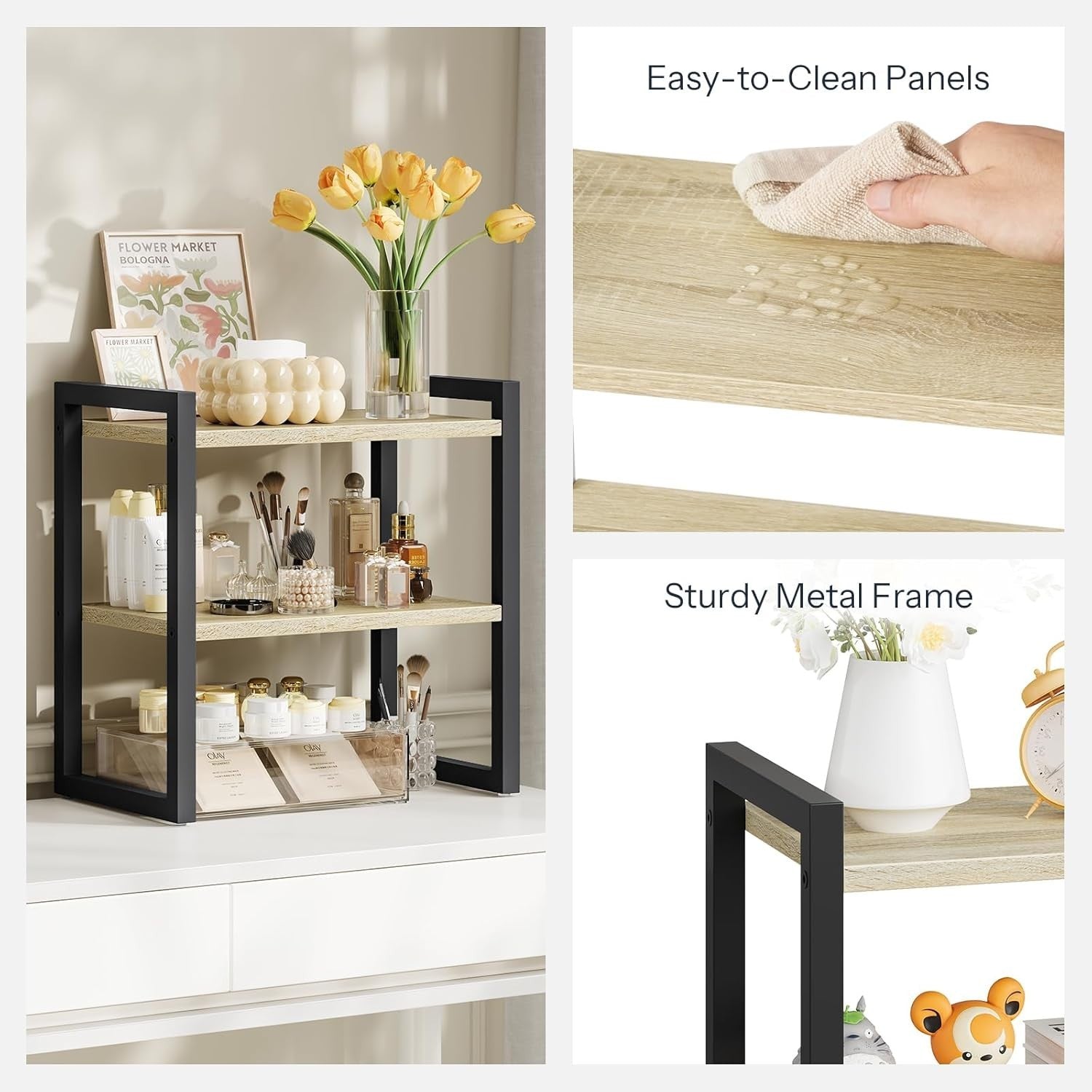 2-Tier Black & Natural Desk Shelf Desktop Bookshelf Organizer for Office & Home