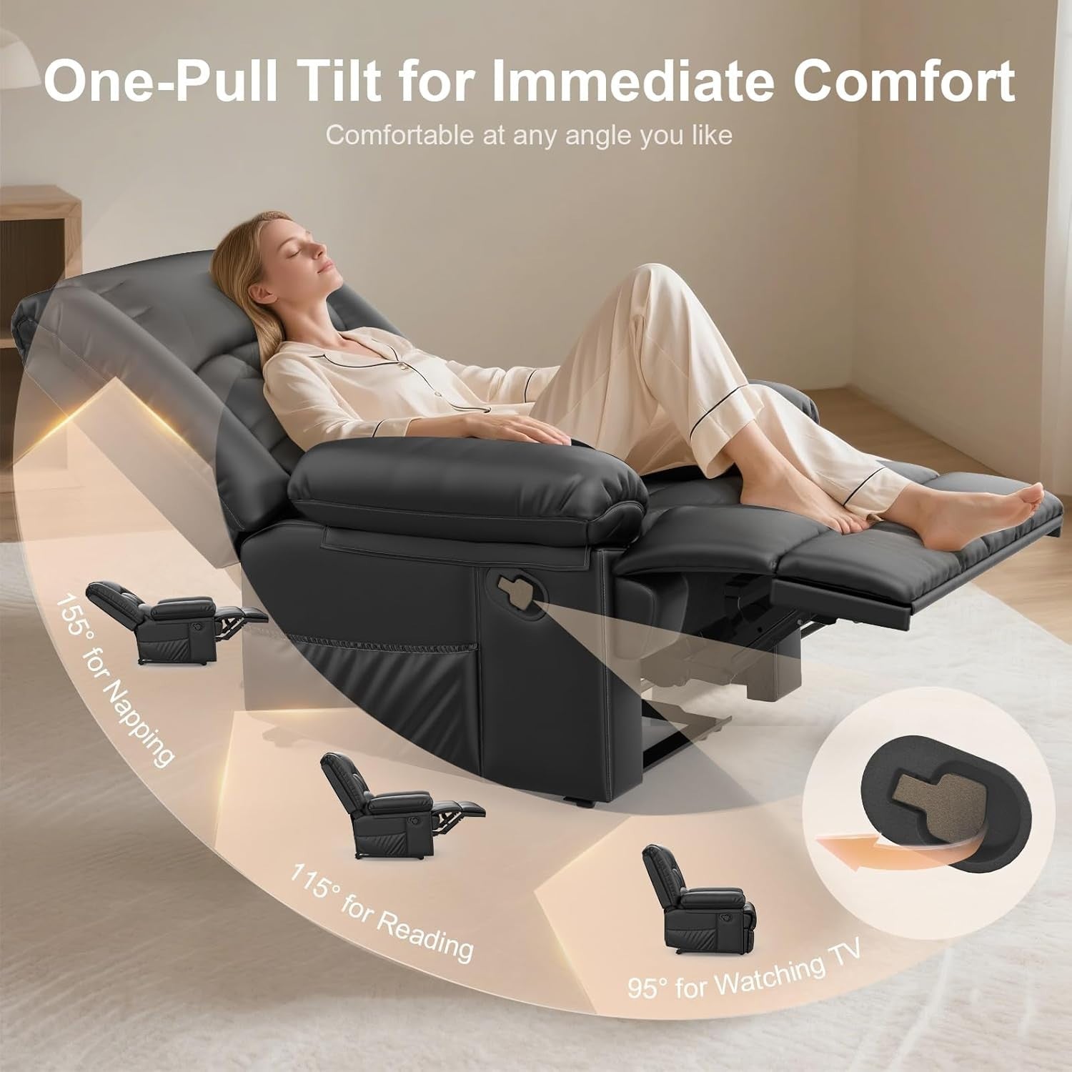 Manual Recliner Chair Massage Heat 135° Recline Footrest Dual Pockets Black