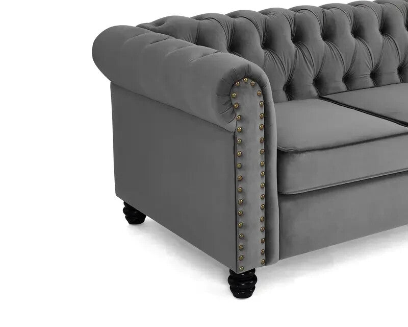 3 Seater Grey Chesterfield Sofa | Velvet Scroll Arms Stud Detail Sofa UK