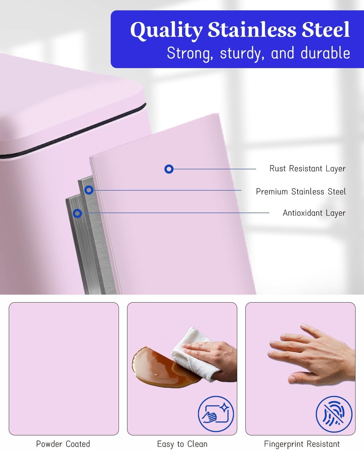10L Pink Stainless Steel Pedal Bin Slim Bathroom Soft Close Lid