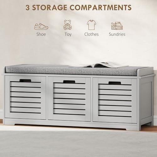 Grey Shoe Storage Bench with Cushion & 3 Drawers – Modern Hallway Seat