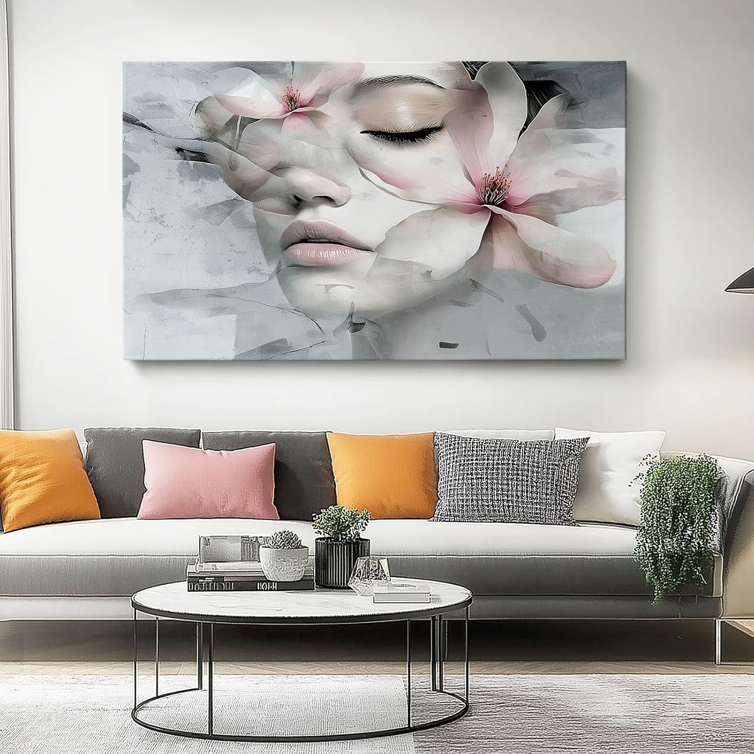 Large Canvas Wall Art Flowers Woman Face Print 120x50cm Frameless