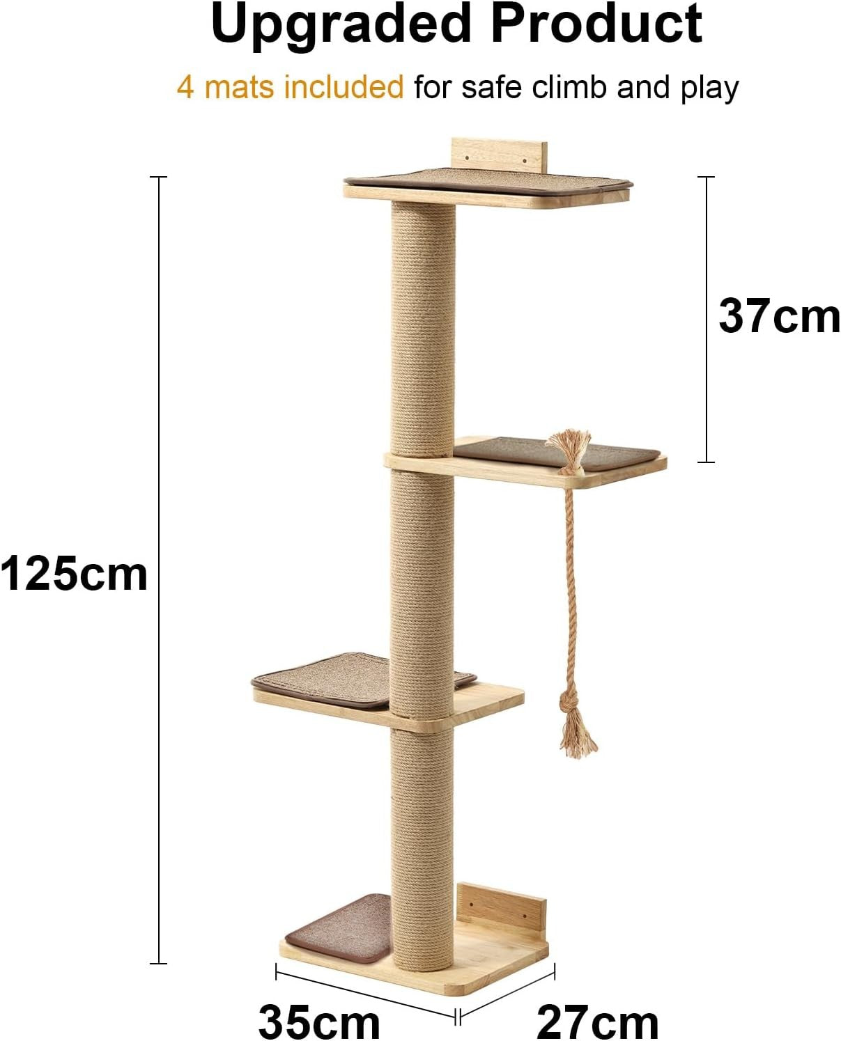 Wall Mounted Cat Scratching Tree 125cm Jute Post Platform Natural Wood