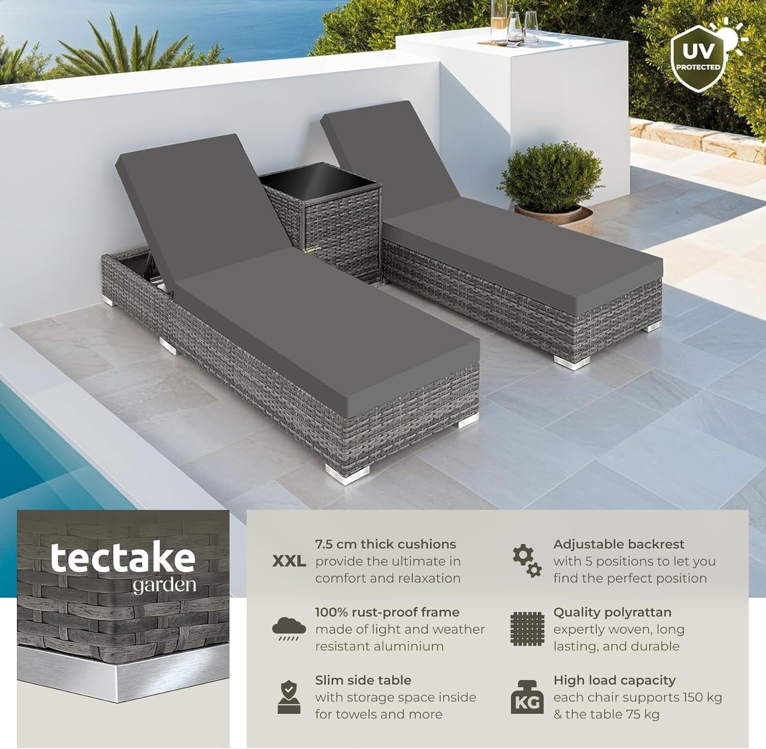 Rattan Sun Loungers Set w/Table Cushions Covers – Reclining Garden Chair