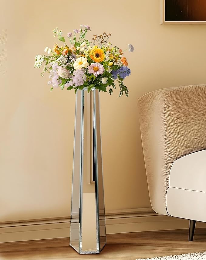 Extra Tall Mirrored Floor Vase 77cm Silver Glass Pampas Flower Decor