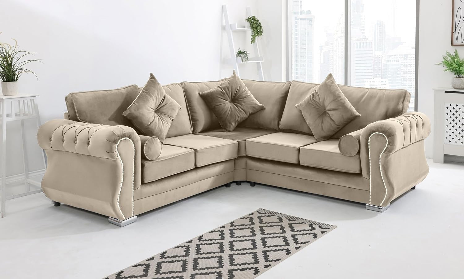 Cream Plush Velvet Corner Sofa 5 Seater Foam Cushions & Chrome Feet