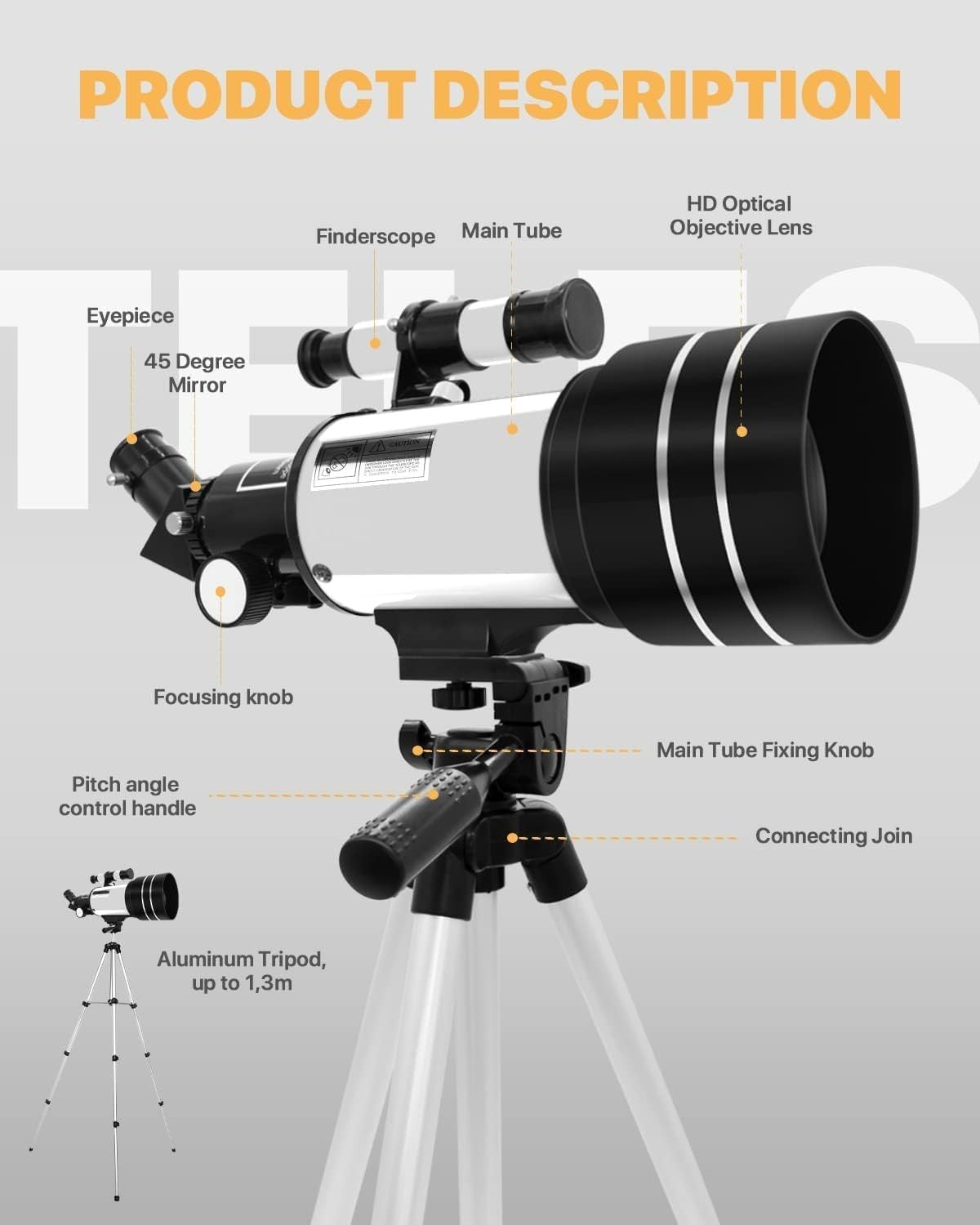 70mm Space Telescope Kids Beginner Scope Tripod 150x Magnification White