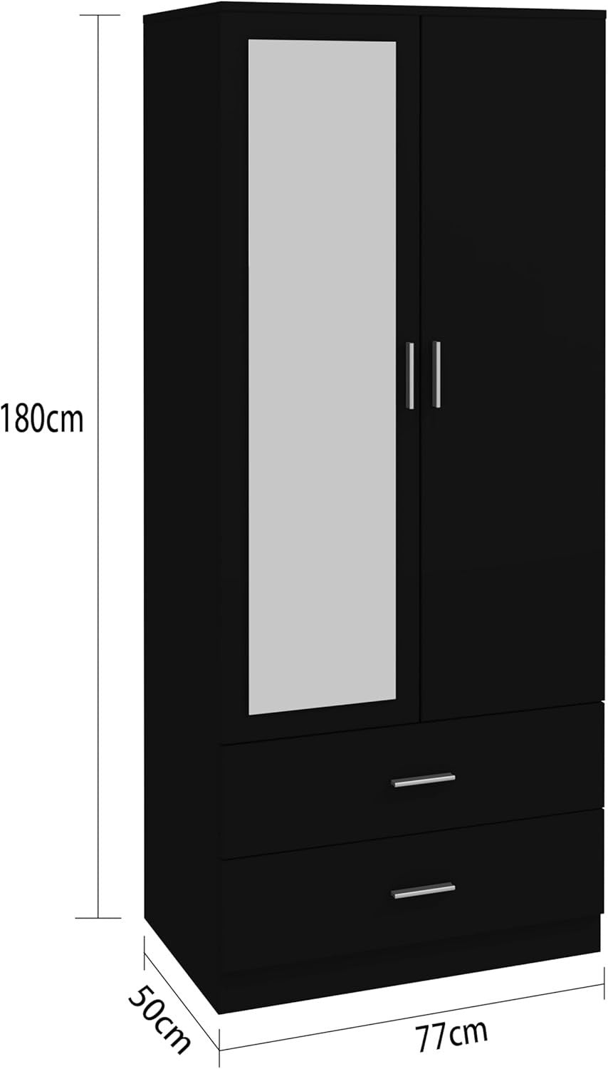 Black Mirrored 2 Door Wardrobe with Hanging Rail & Drawers - Modern Storage