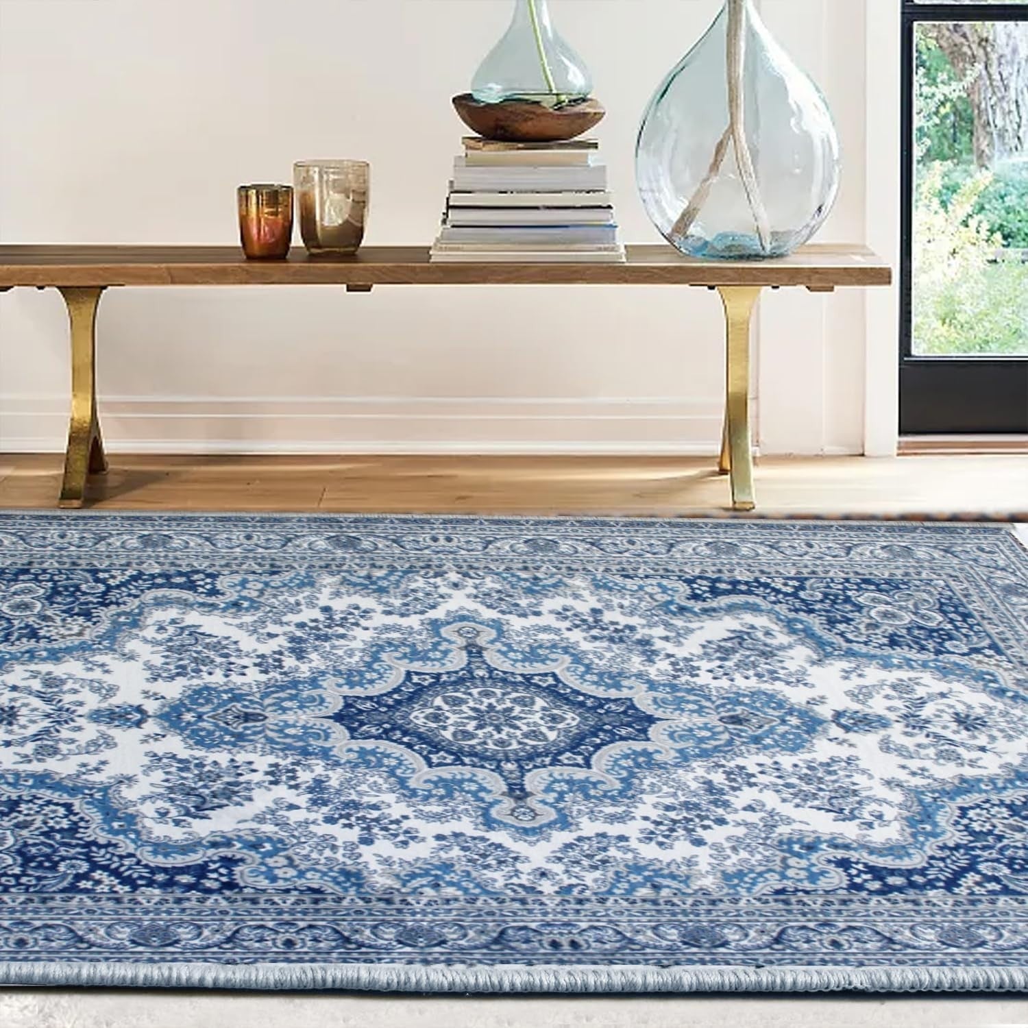 Blue Vintage Kitchen Rug 80x150cm Non Slip Washable Low Pile Runner