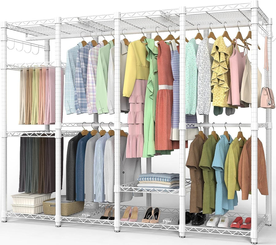 Heavy Duty 4-Layer Clothes Rail with Shelves & Pants Rack – White