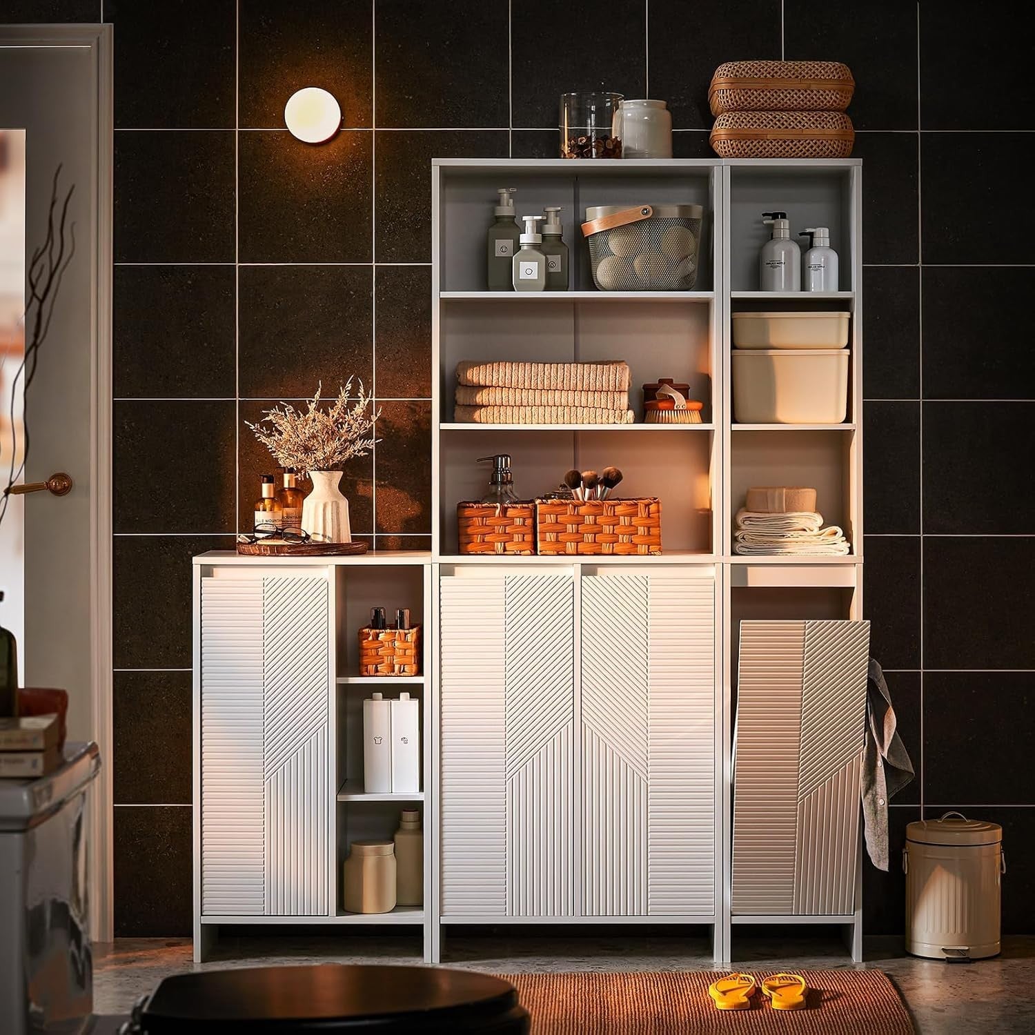 Slim Bathroom Storage Cabinet with Laundry Hamper White Tall Unit 86×50×30cm