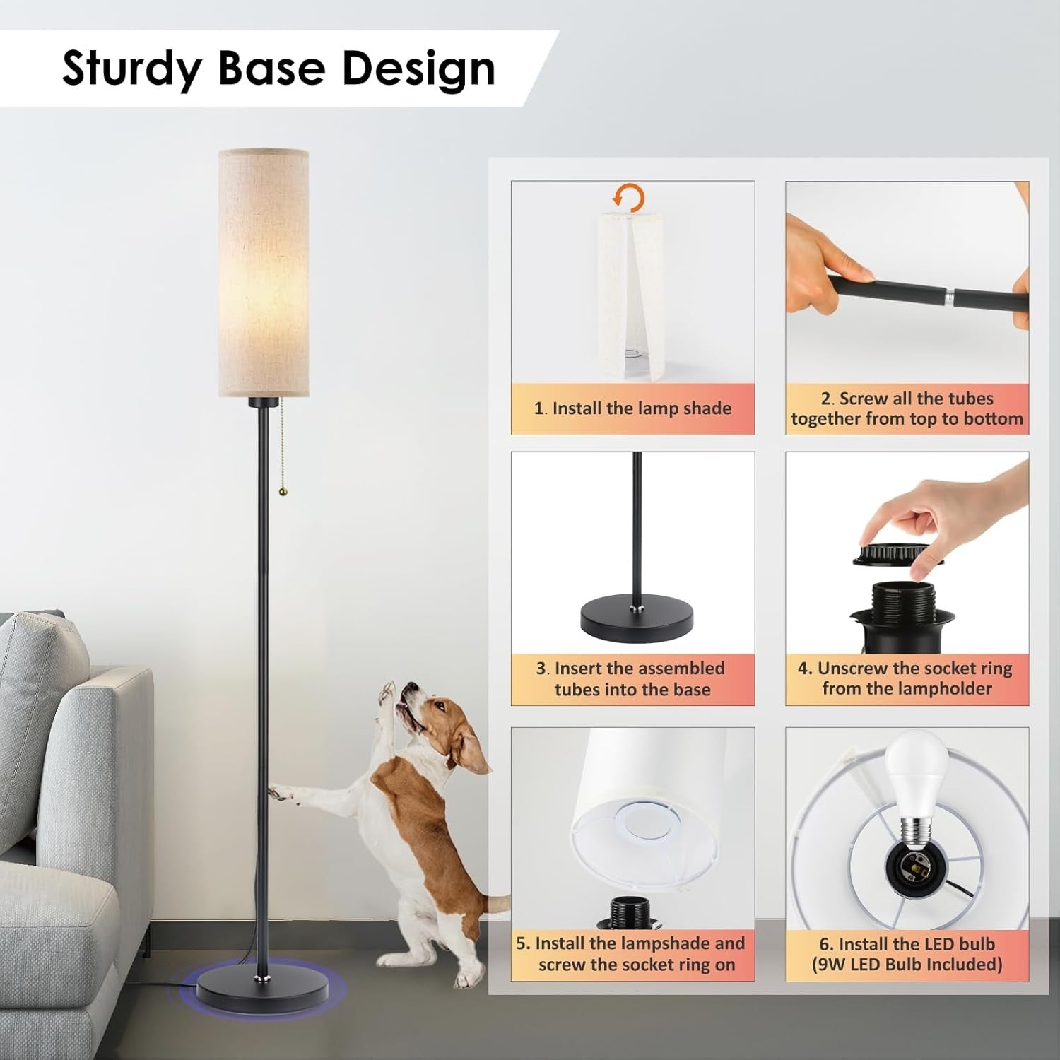 Black Linen Floor Lamp Standing Light 3 Colour LED Pull Chain Modern Corner