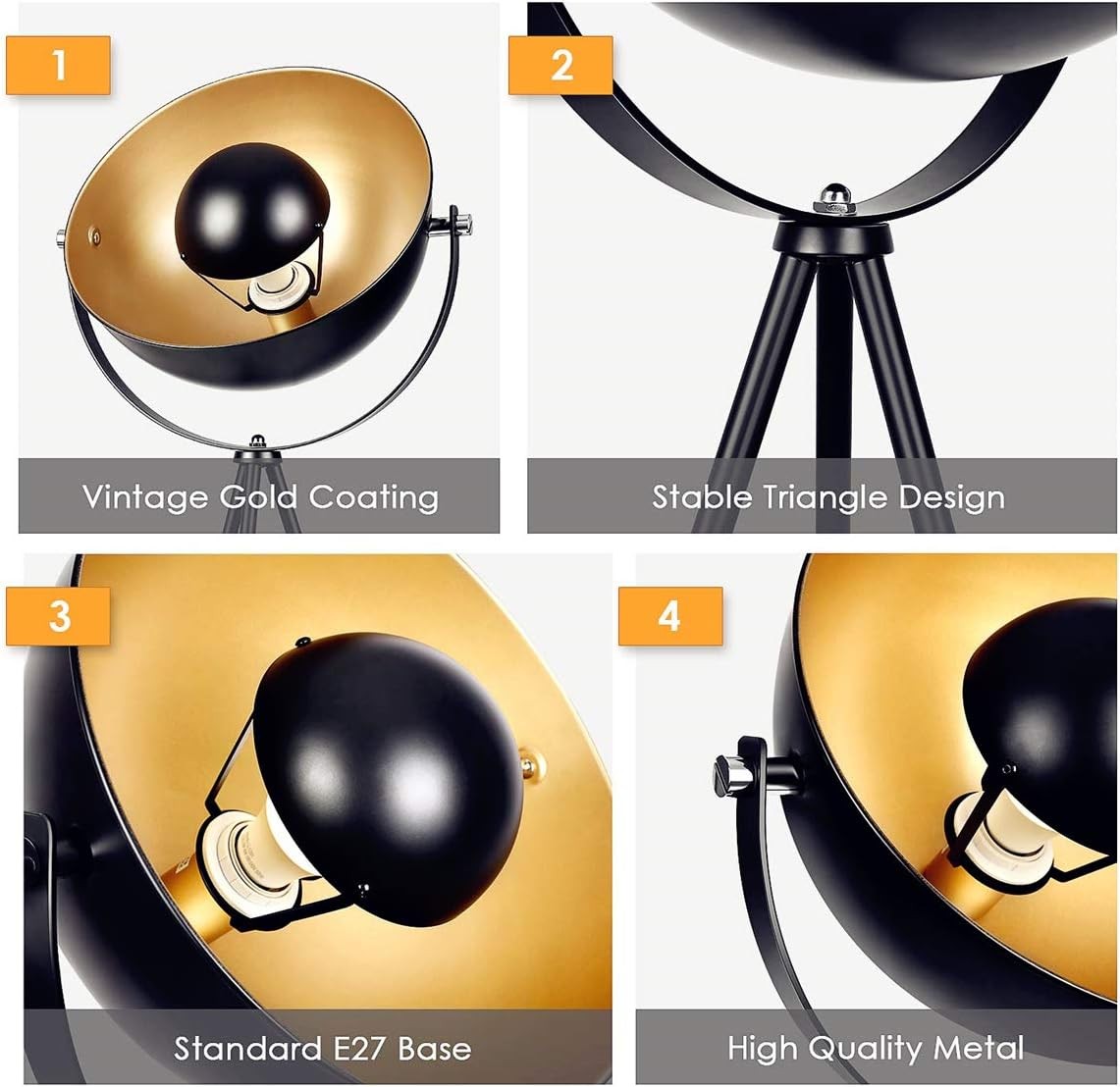 Retro Tripod Floor Lamp Vintage Black Gold Studio Light Metal Standing Lamp