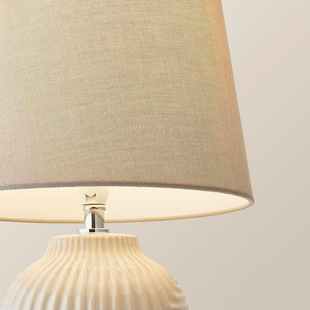 Large Grey Table Lamp Geometric Ribbed Glass Linen Shade 56cm