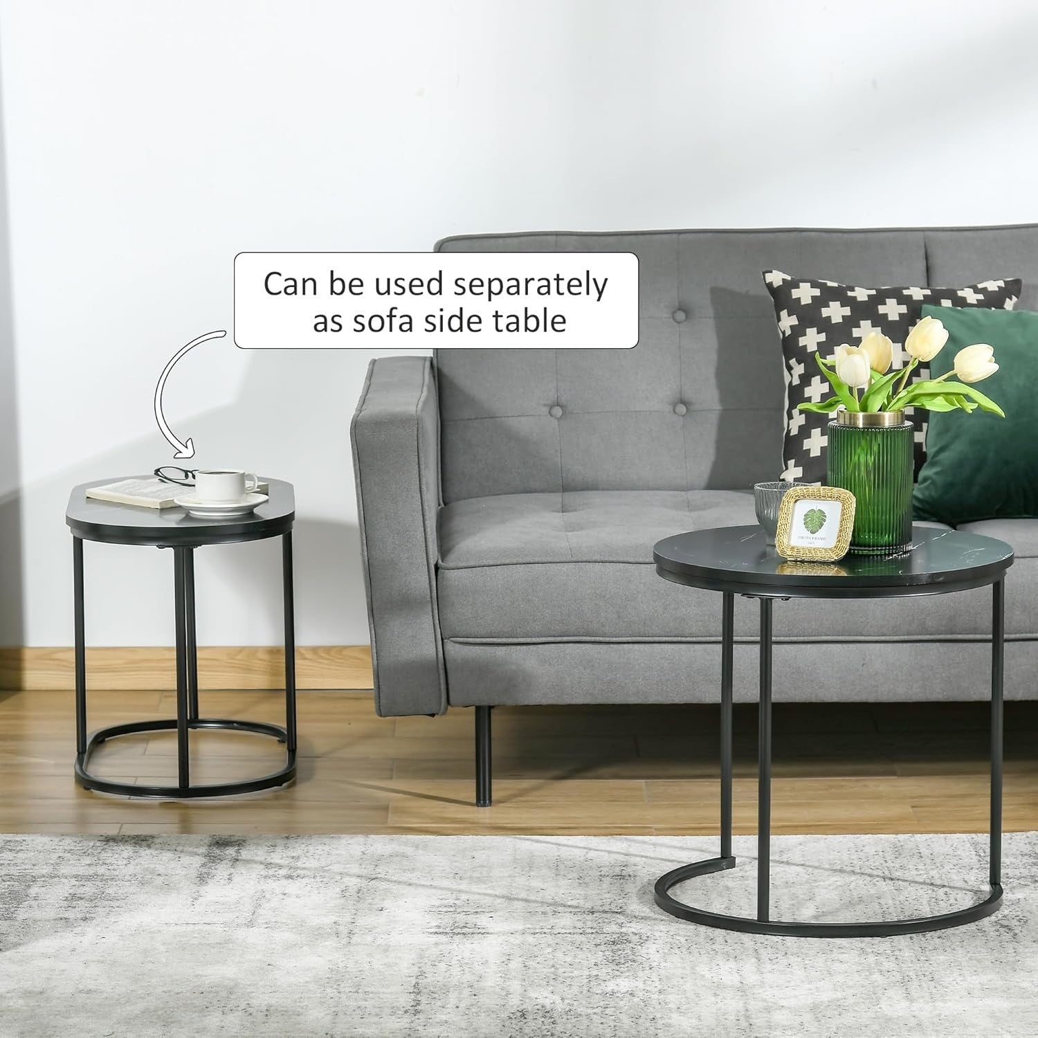 Nesting Coffee Table Set of 2 Black Faux Marble End Tables Round Oval