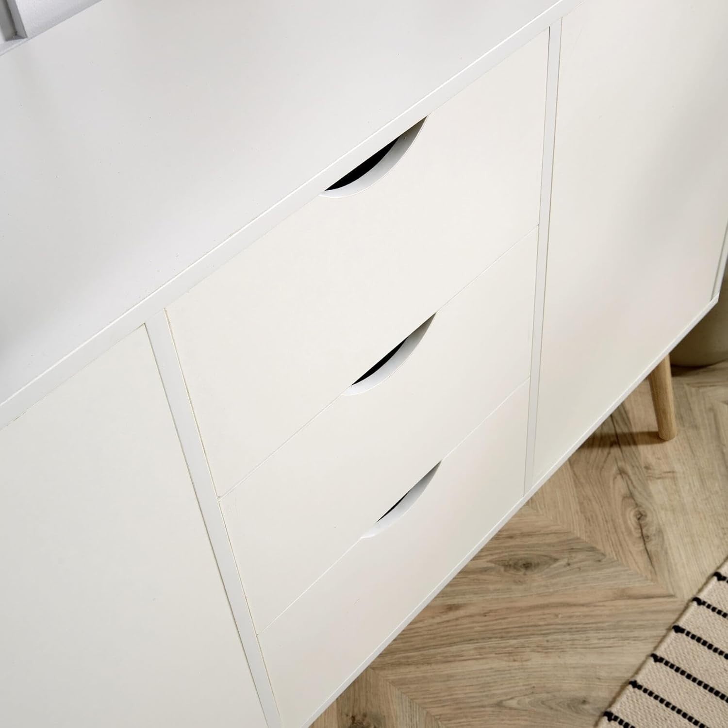 White Scandi Sideboard Cabinet 3 Drawers 2 Doors Solid Wood Legs Storage
