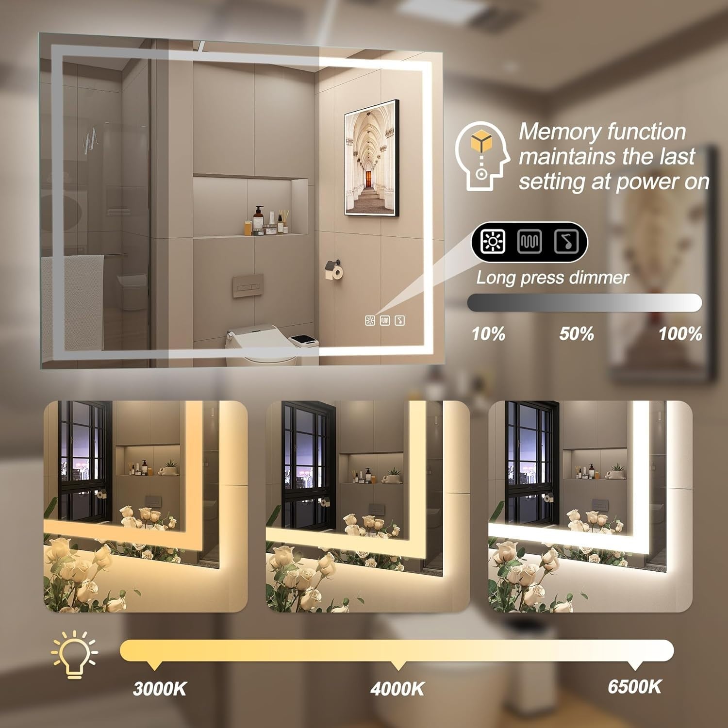 LED Bathroom Mirror 60x80 cm with Bluetooth, Anti-Fog & Dimmable Light
