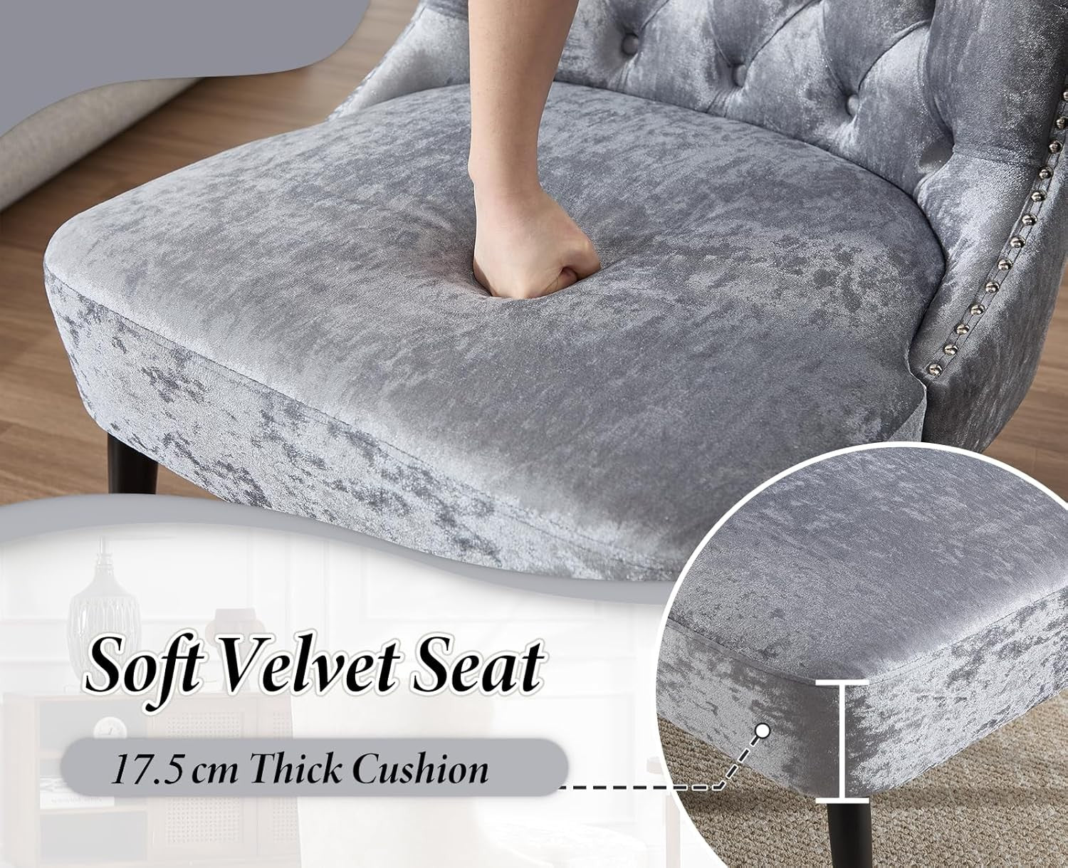 Velvet Accent Chair Grey Upholstered Lounge Chair Wood Legs