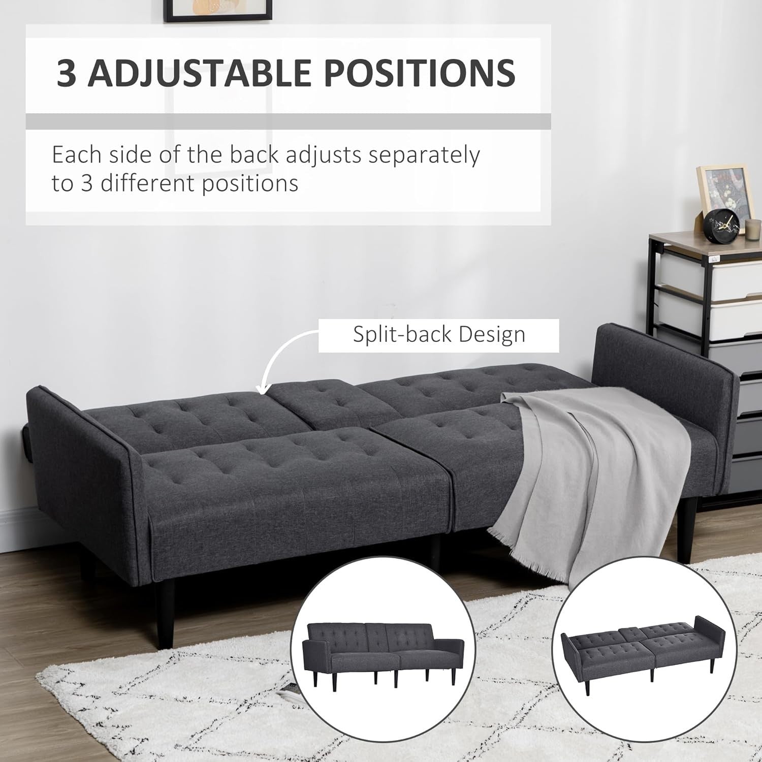 Click Clack Sofa Bed 3 Seater Grey Linen Couch w/ Cup Holders