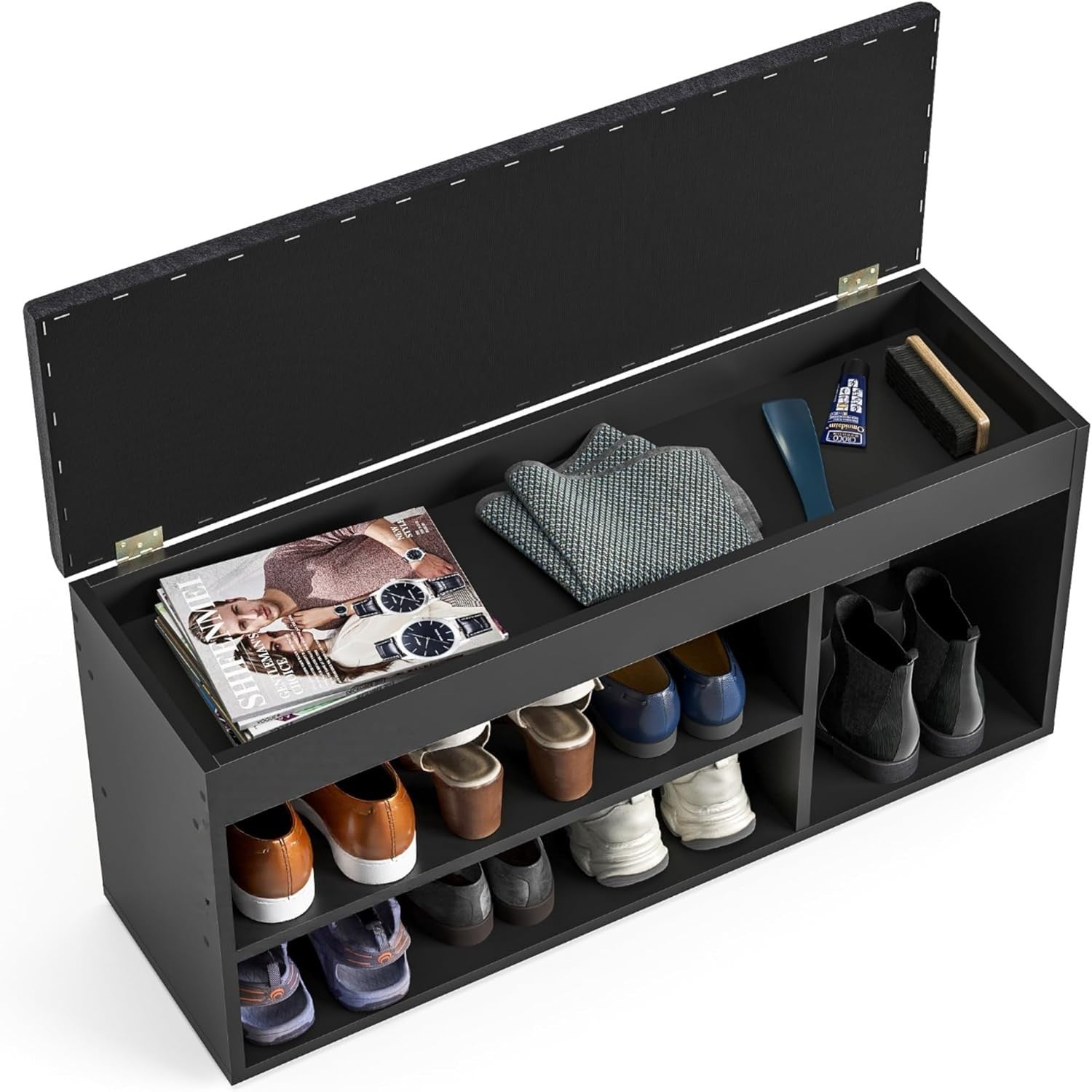 Black Shoe Storage Bench with Cushion Hidden Compartment Entryway Seating