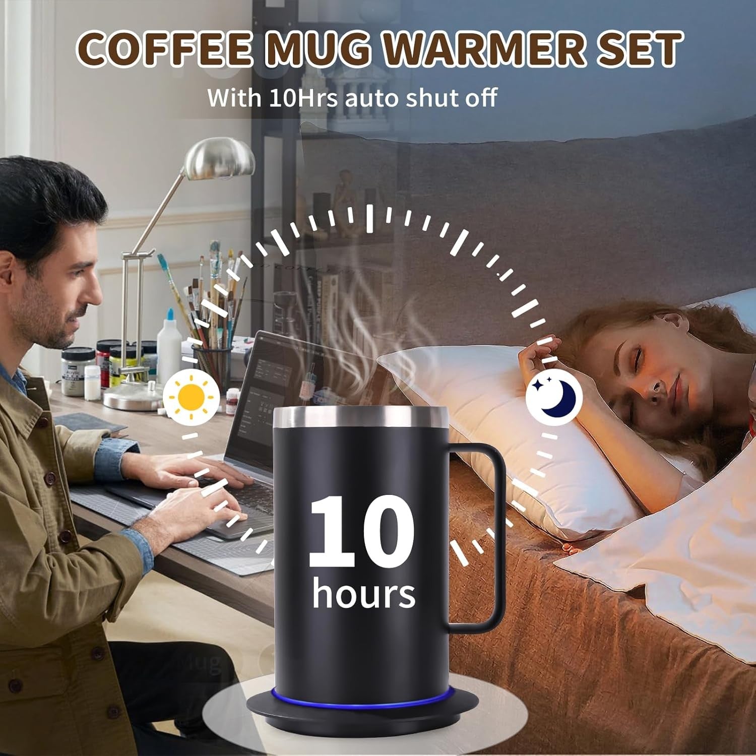 Self Heating Coffee Mug Set USB Warmer 12oz 10H Auto Off
