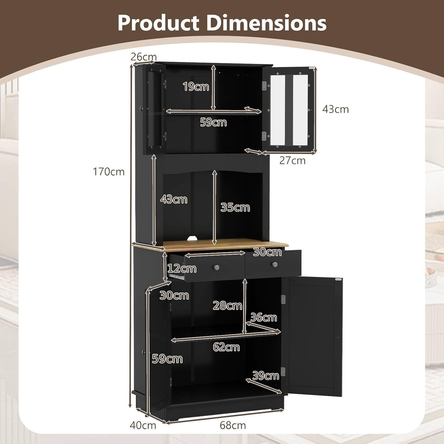170cm Tall 4-Door Kitchen Cupboard 2-Drawer Adjustable Shelves Black