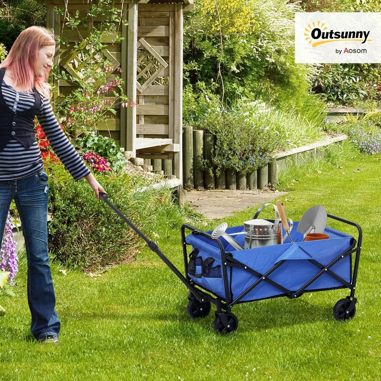 Black Folding Utility Wagon 68kg Multi-Terrain Garden Camping Shopping Trolley