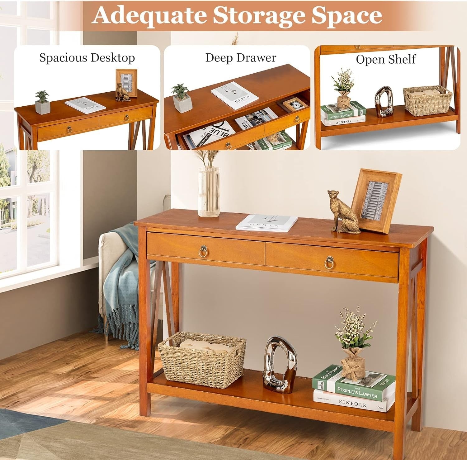 Wood Console Table with Drawer & Shelf, Slim Entryway Accent Table 78cm