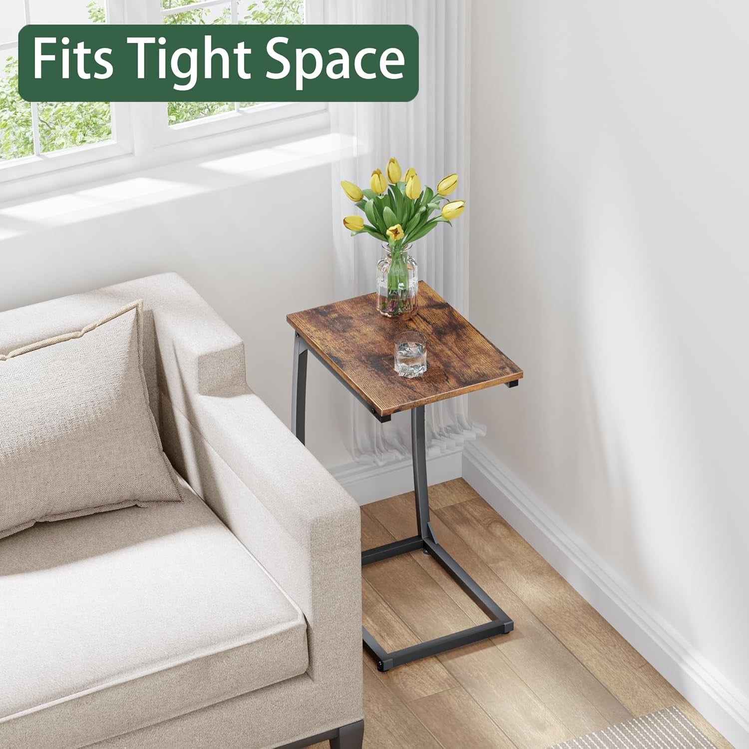 C Shape Brown Side Table 2Sofa Laptop Snack Stand Narrow TV Tray for Living Room