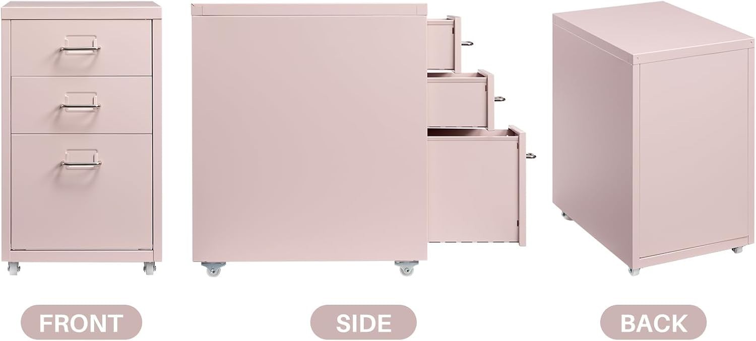 Pink Steel Rolling Drawer Unit 3 Tier Under Desk File Storage