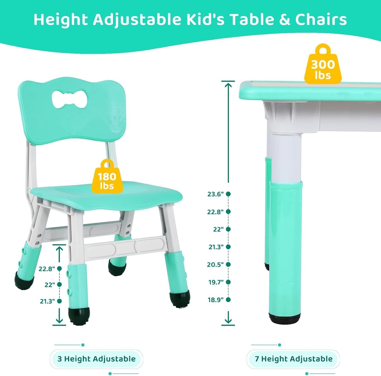 Height Adjustable Kids Table & 4 Chairs Set, Safe Plastic, 120x60cm Green