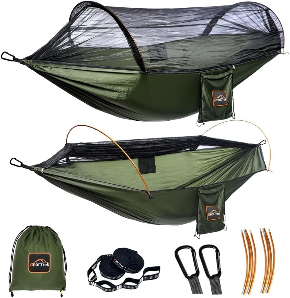 2-Person Camping Hammock Tent Green | 114x55in Bug Net + Rainfly + Tree Straps