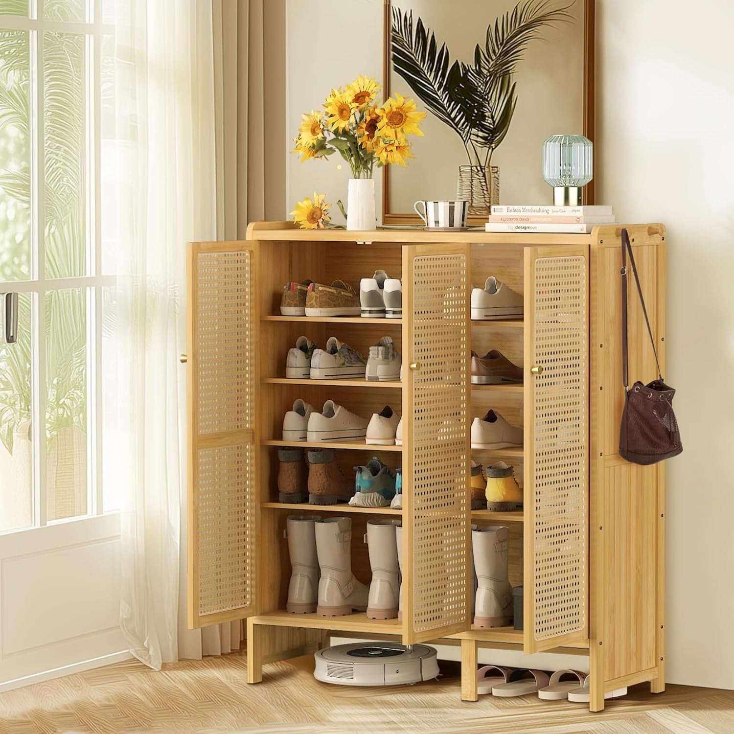 Large 5-Tier Bamboo Shoe Cabinet with Rattan Doors & Side Hooks, Slim Organizer