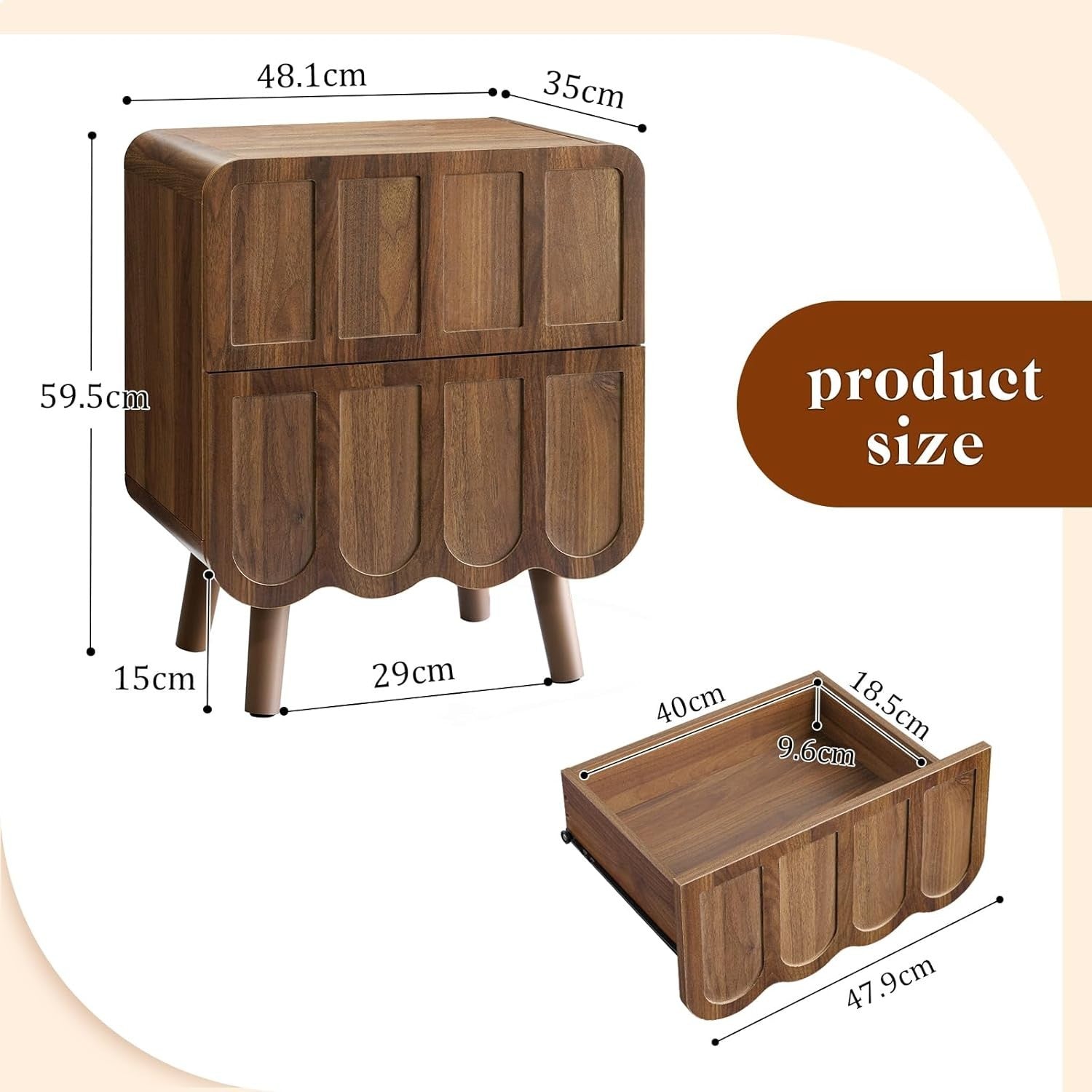 Luxury Walnut Bedside Table with 2 Drawers – Retro Wood Nightstand