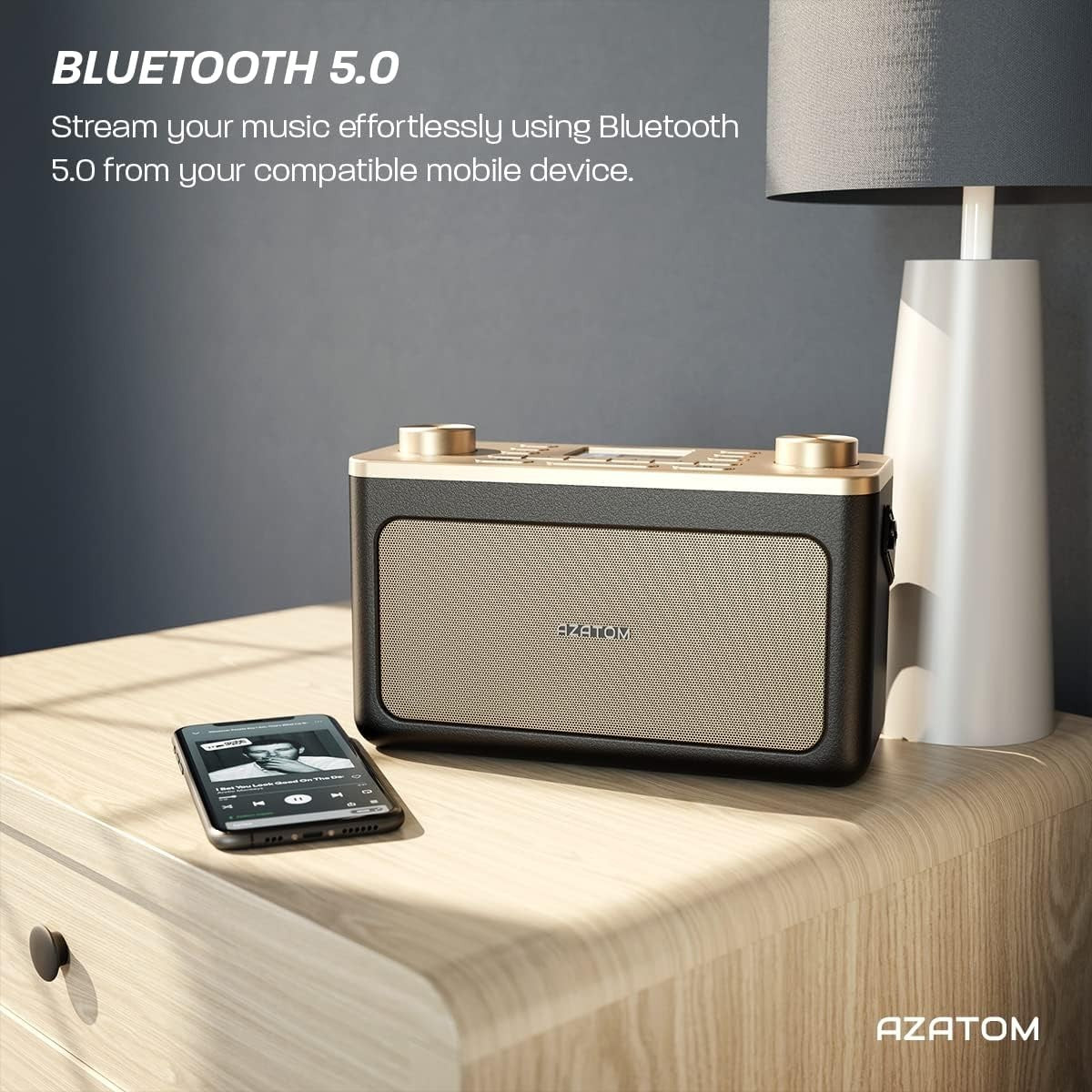 Portable DAB+ FM Radio Bluetooth Dual Alarm Leather Black Gold
