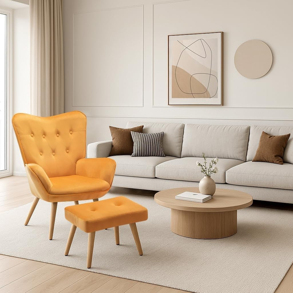 Yellow Velvet Armchair with Footstool, Comfy Reading Lounge Chair Set