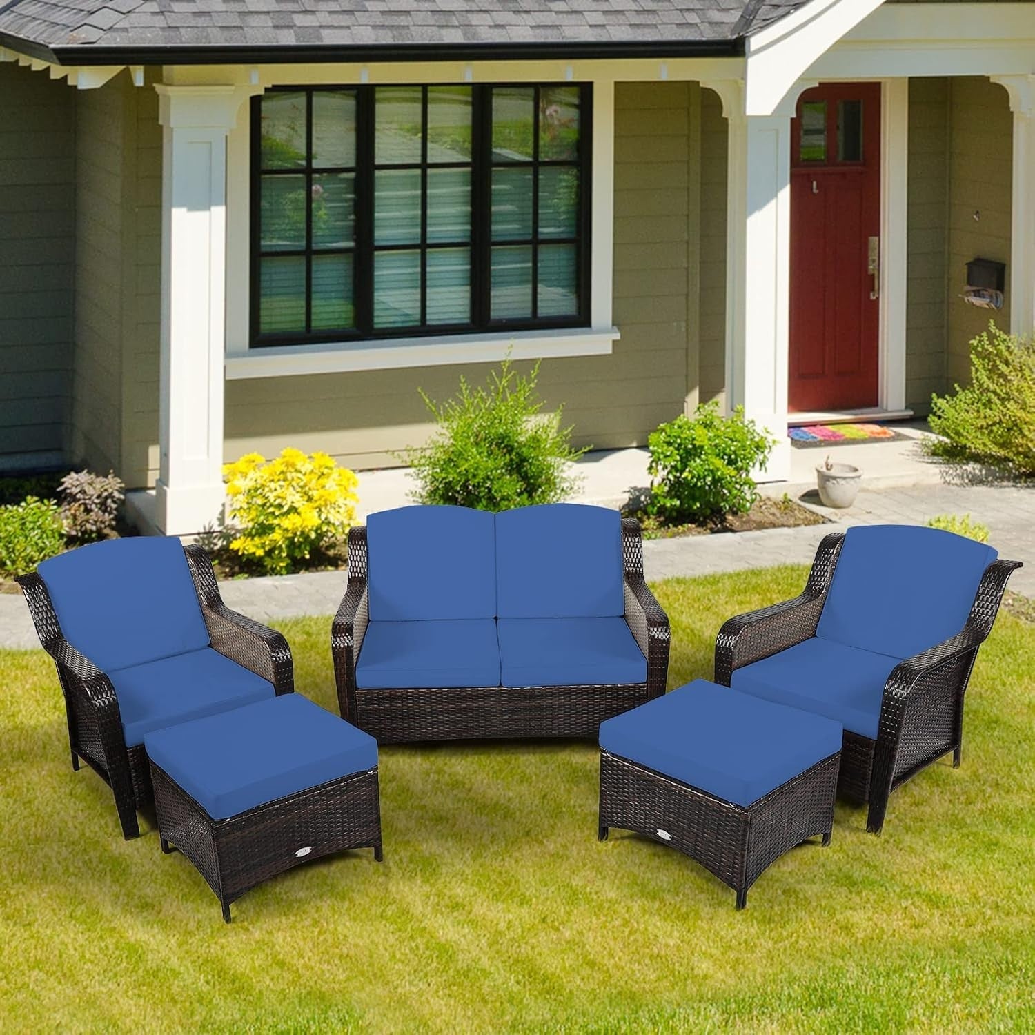 5pc Rattan Garden Sofa Set Navy Blue | Outdoor Patio Seats & Ottomans