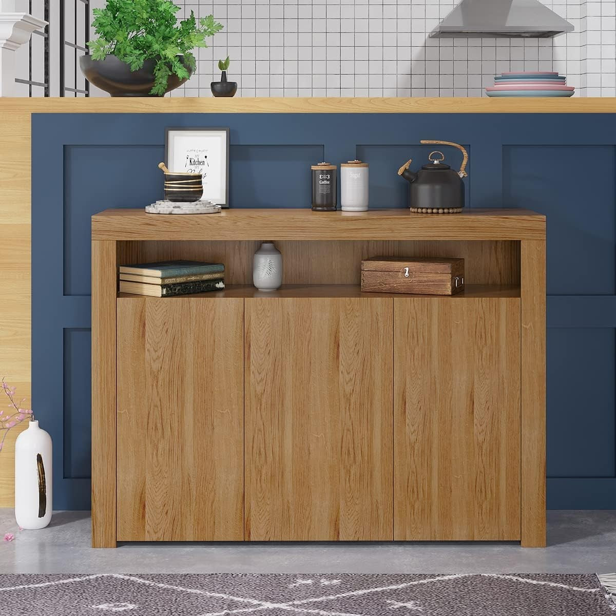 Oak Sideboard Cupboard Unit with 3 Doors, Shelf & LED Light – 130cm Wide
