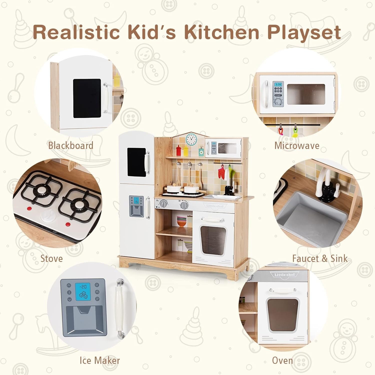 Wooden Kids Play Kitchen Lights Sounds Ice Maker Water Dispenser Set