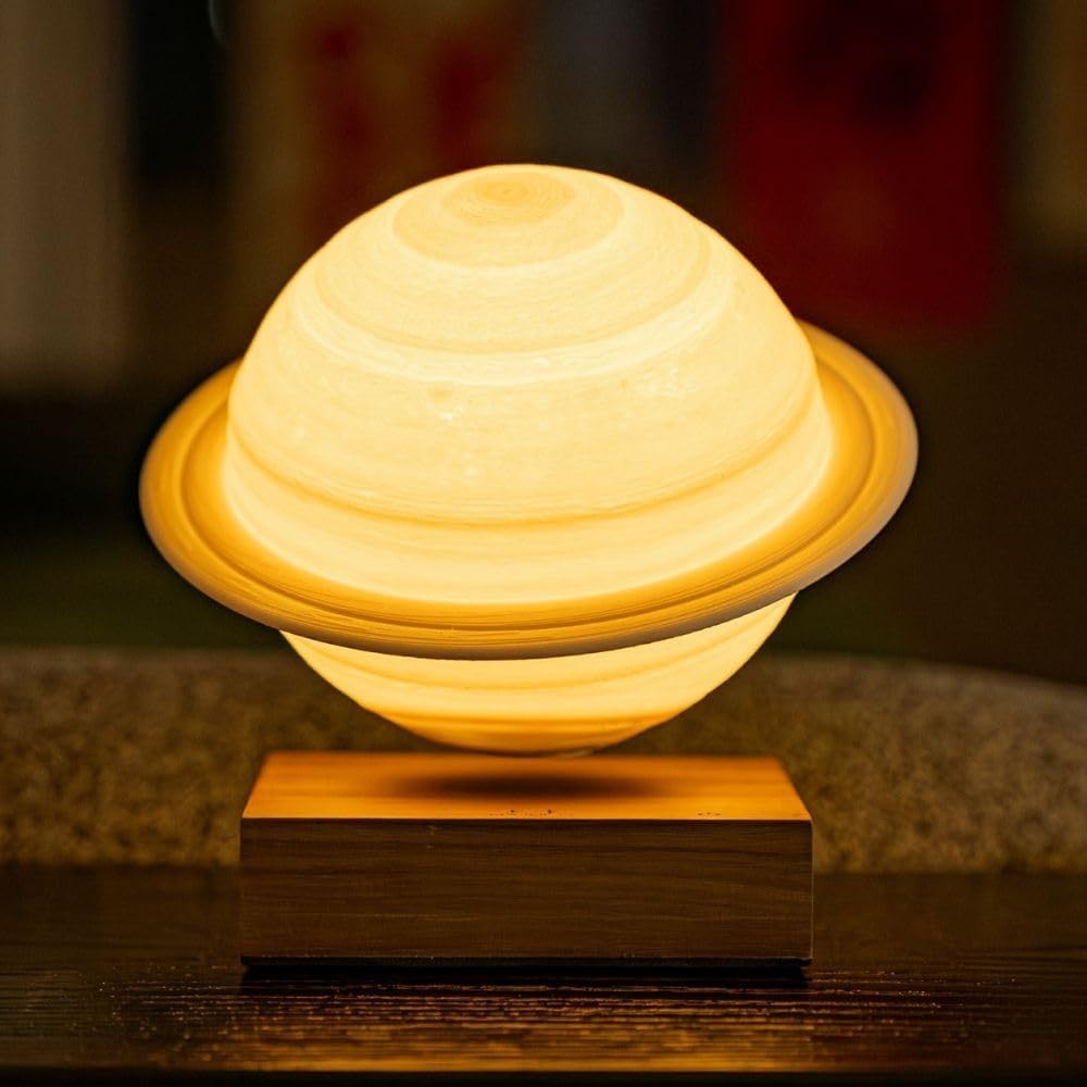 Levitating Saturn Lamp Walnut Wood Base 3D Printed Floating Night Light