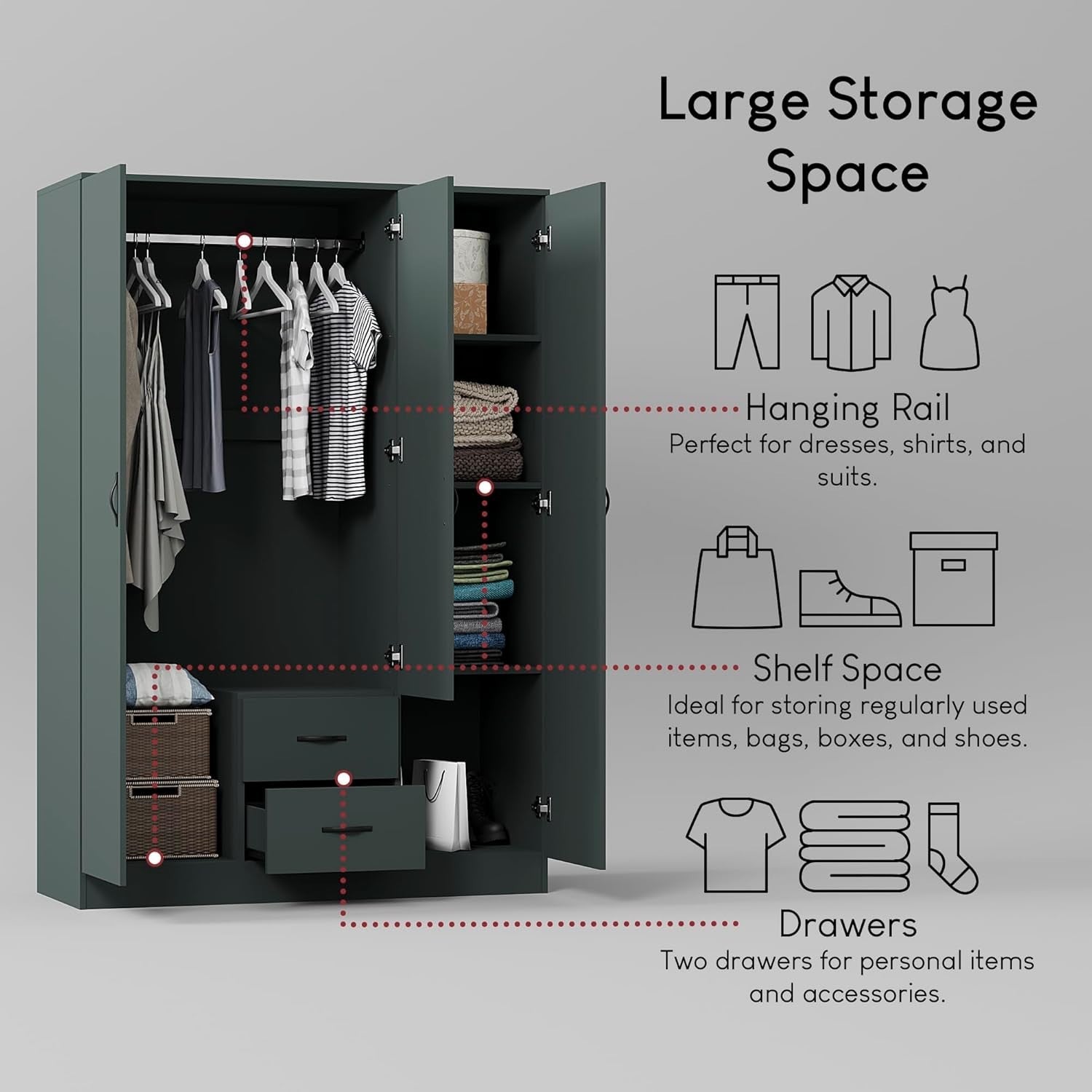3 Door Mirrored Wardrobe with Hanging Rail & Adjustable Shelf Storage