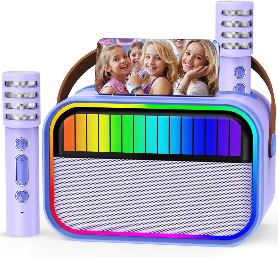 Girls Karaoke Machine 2 Mics Bluetooth LED Party Speaker Purple