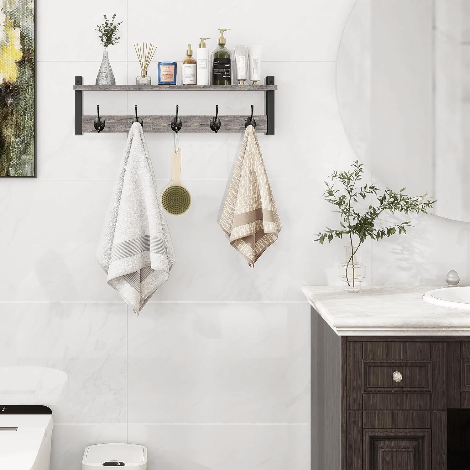 24in Rustic Grey Wall Mounted Coat Rack Shelf Entryway Hooks for Hats Bags