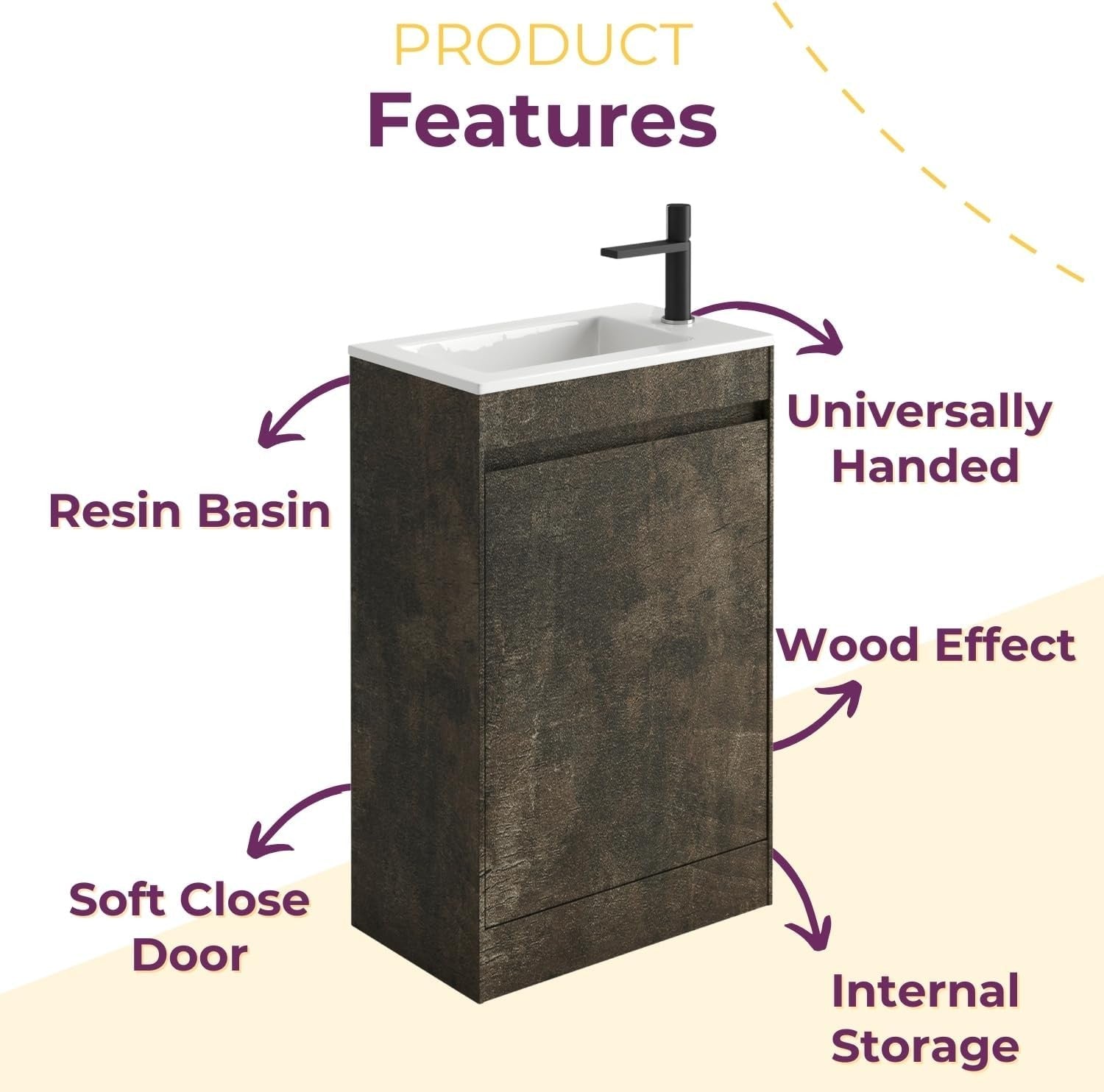 550mm Brown Wood Floor Standing Vanity Unit with Polymarble Basin & Soft Close