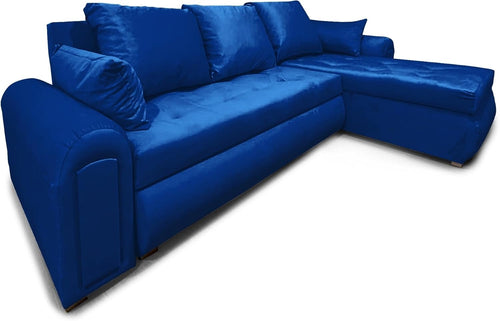 Blue Velvet L-Shape Sofa Bed with Storage & Reversible Chaise – 4 Seater